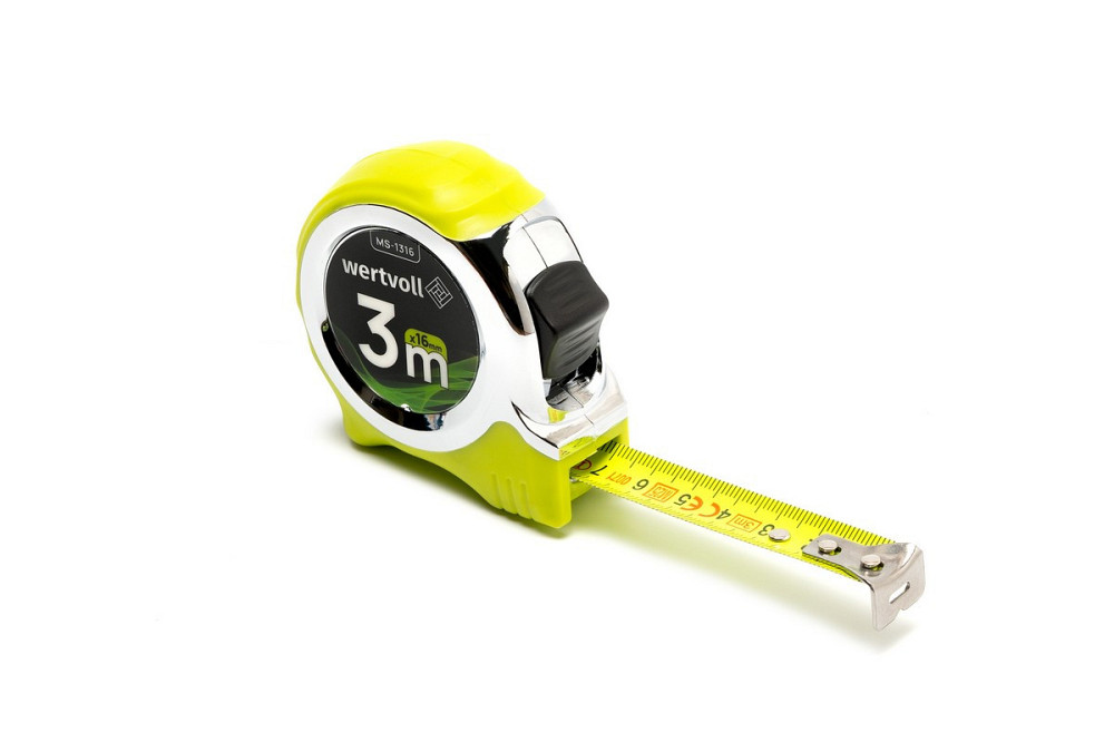 Рулетка WERTVOLL 3 м х 16 мм фиксатор полотна кнопка STOP покрытие TPR нейлоновое покрытие противоск Харків - зображення 1