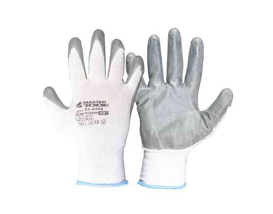 Перчатки трикотажные бесшовные MASTERTOOL нитриловое покрытие ладони 10" бело-серые 83-0400 Харьков