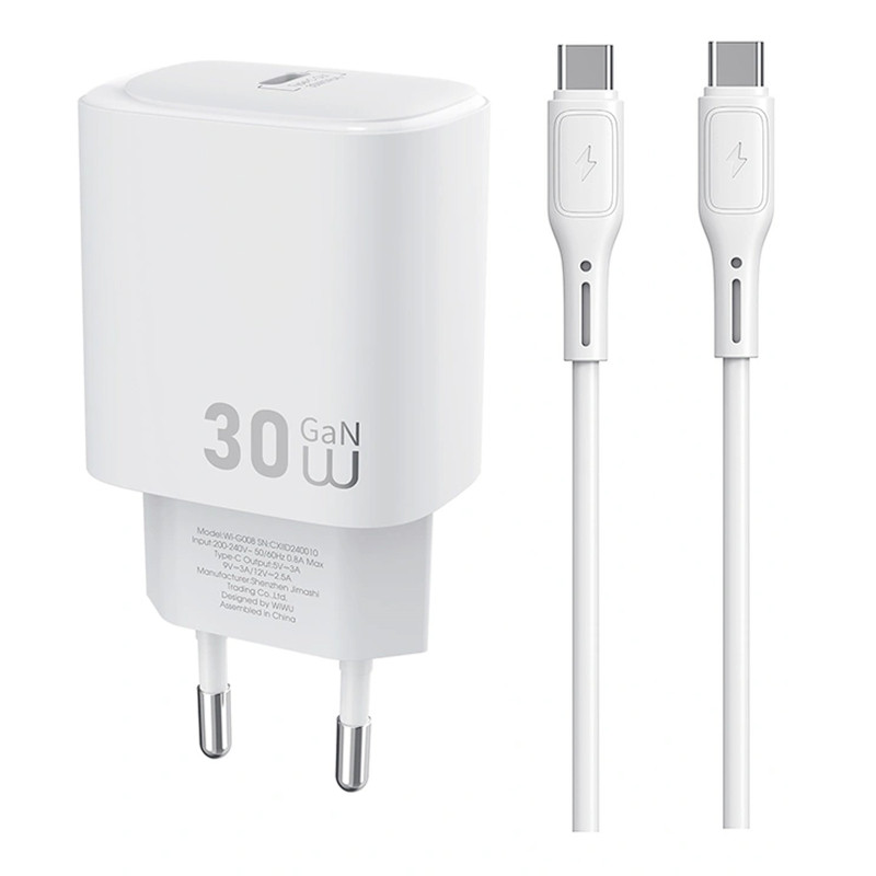 СЗУ WIWU G008 Essen PD30W GaN (1USB-C) + кабель Type-C to Type-C Херсон - изображение 1
