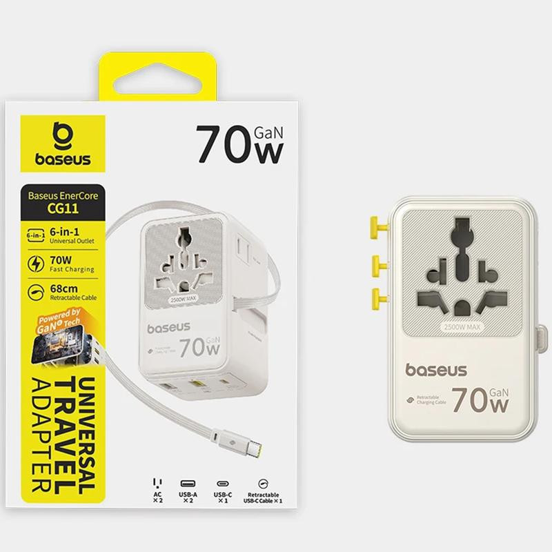 Сетевой универсальный переходник Baseus CG11 70W with retractable cable (2USB-A/3C/1Socket) (E0307E) Херсон - изображение 2