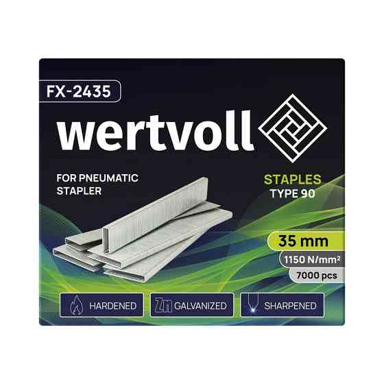 Скобы закаленные для пневмостеплера WERTVOLL тип 90 35 мм/5.8х1.25 мм 7000 шт FX-2435 Харьков