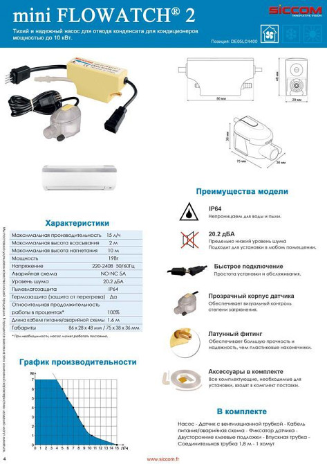 Дренажный насос для отвода конденсата SICCOM Mini Flowatch 2 (насос для кондиционера) Київ - зображення 6