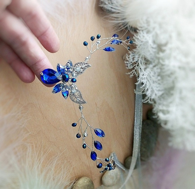 Ельфійська діадема тіара корона синій срібний на чоло обруч гілка косплей фотосесія тематична вечірк Луцк - изображение 6