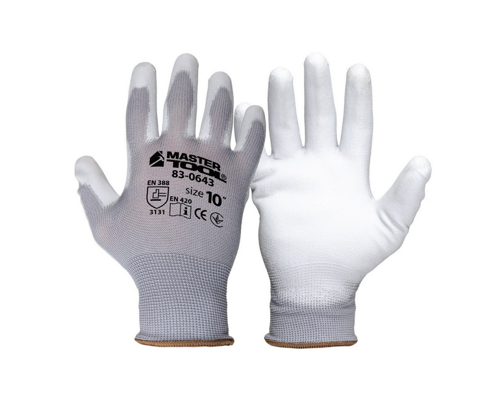 Перчатки бесшовные трикотажные MASTERTOOL с полиуретановым покрытием ладони 10" 25-26 г подвес серые Харьков - изображение 1