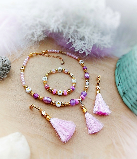 Рожеві мрії чокер намисто для дівчинки літня прикраса китиці рожевий білий золотистий Луцк - изображение 5