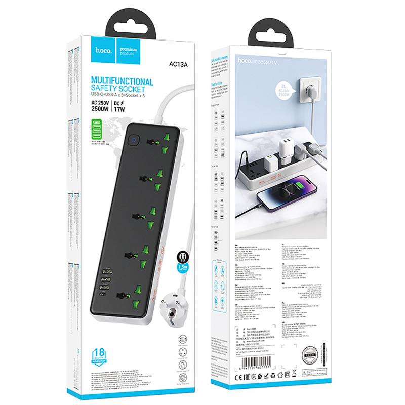 Удлинитель Hoco AC13A Safety Socket (3USB-A/1C/5xSocket) (1.5m) Херсон - зображення 4