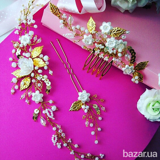 Эмма серия свадебных украшений листья жемчуг хрусталь белый золотистый невесте в прическу празднично Луцьк - зображення 2