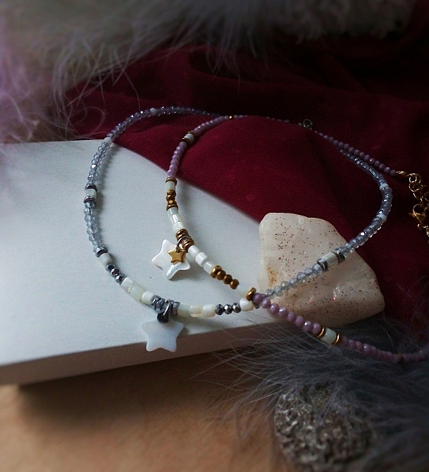 Чокер зірка перламутр натуральний гематит мушля білий пудровий бузковий золотий на шию Луцьк - зображення 5