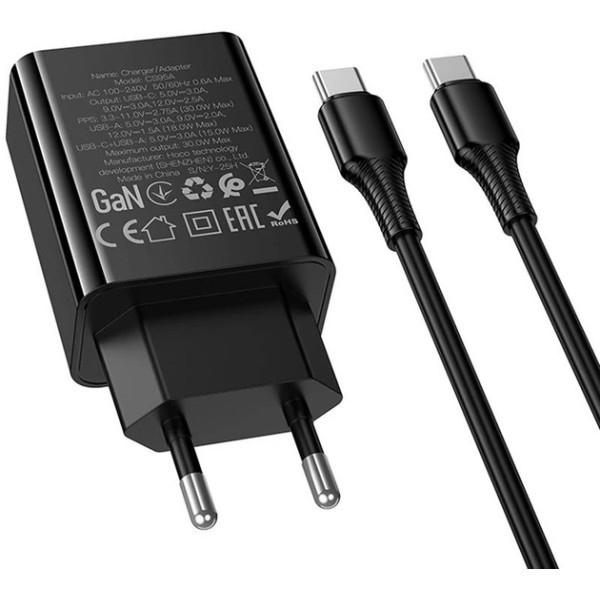Мережевий зарядний пристрій Hoco CS95A Leader PD30W+QC3.0 (1USB-A/1C) + кабель Type-C to Type-C Blac Харків - зображення 5