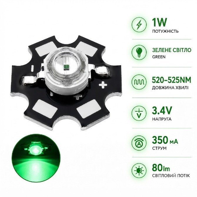 Світлодіоди надяскраві 1W Зелені / Green 520-525NM 3.4V 80lm / Алюмінієва підкладка led (137) Тернопіль - зображення 1