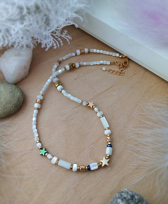 Зірка намисто чокер білий золотий гематит зірки перламутр натуральний лава на шию подарунок дівчині Луцк - изображение 1