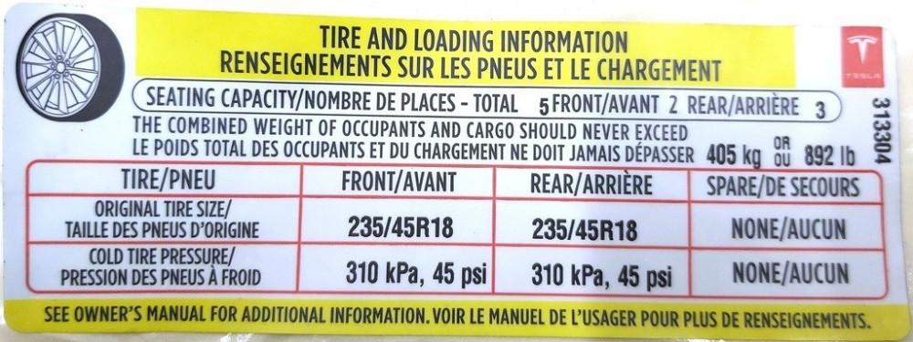 Этикетка (лейба, наклейка) с х-ми колес и макс. допустимой догрузкой Tesla model 3 1465392-00-A Киев - изображение 1