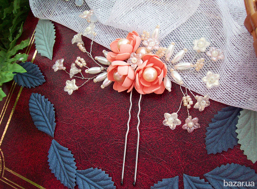 шпилька прикраса для волосся персиковий рожевий квітка перли гілка Луцк - изображение 1