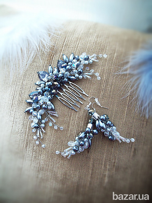 Морозний ранок гребінь та сережки сірий білий святкова прикраса на голову Луцьк - зображення 2