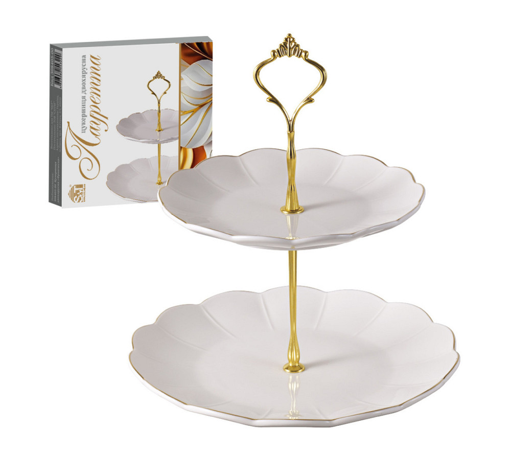 Подставка 2-ярусная SNT Лауретта для десертов, фруктов и бутербродов белая с золотом Одесса - изображение 1