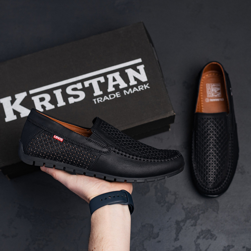 Мужские летние кожаные мокасины  LS перфорация Black Киев - изображение 8