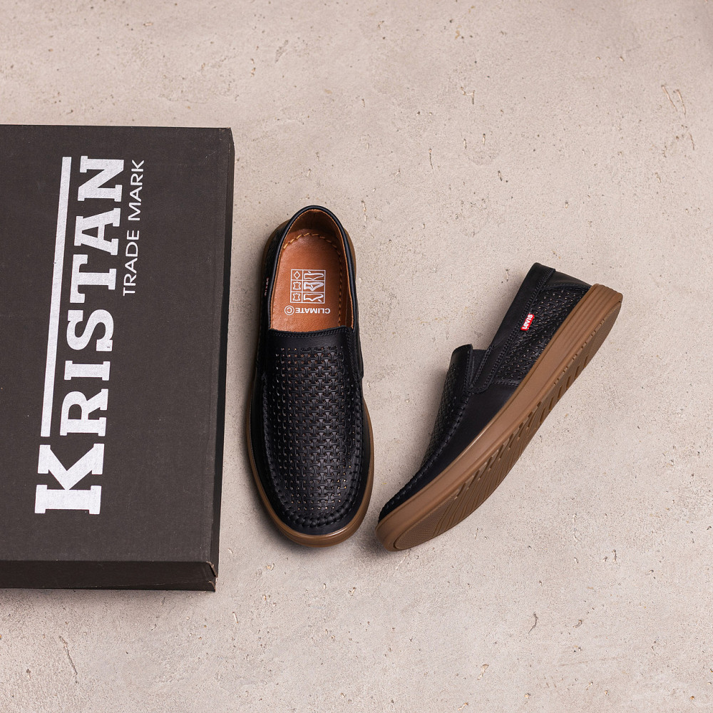 Мужские летние кожаные мокасины  LS перфорация Black Київ - зображення 6