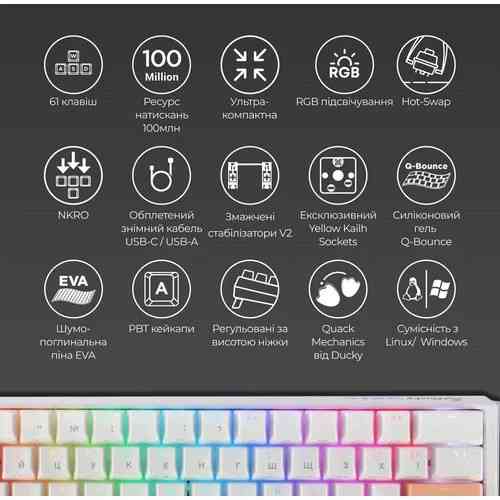 Клавиатура компьютерная проводная Ducky One 3 Mini Cherry MX Red RGB White UA DKON2161ST-RUAPXPWWWSC Київ