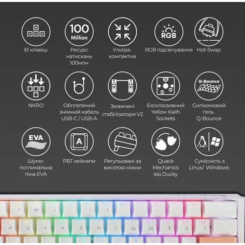 Клавиатура компьютерная проводная Ducky One 3 Mini Cherry MX Red RGB White UA DKON2161ST-RUAPXPWWWSC Київ - зображення 4