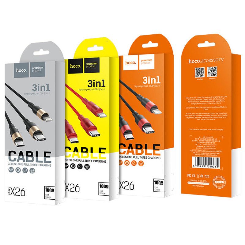 Дата кабель Hoco X26 Xpress 3in1 USB to Lightning/Type-C/MicroUSB 2A (1.2m) Херсон - изображение 5
