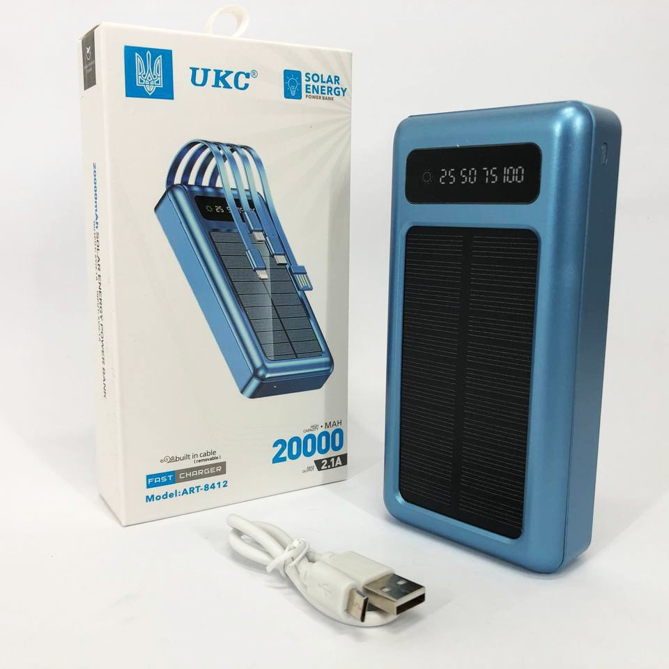 Портативний зарядний пристрій на 20000mAh, Power Bank на сонячній батареї, Колір: чорний синiй Одеса - зображення 1
