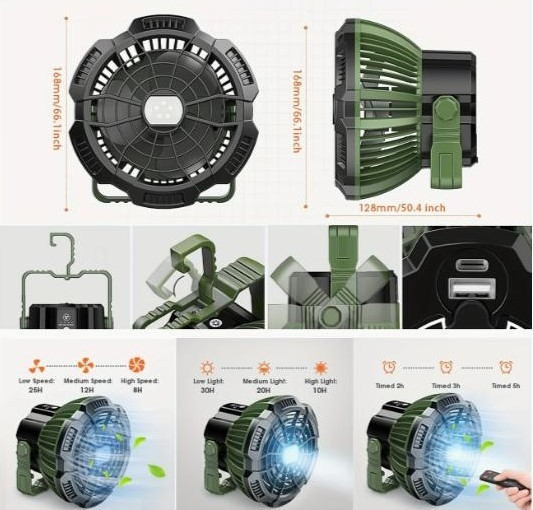 Портативний вентилятор з LED-світлом, акумулятор 5200 мАг, з дистанційним керуванням Киев - изображение 2