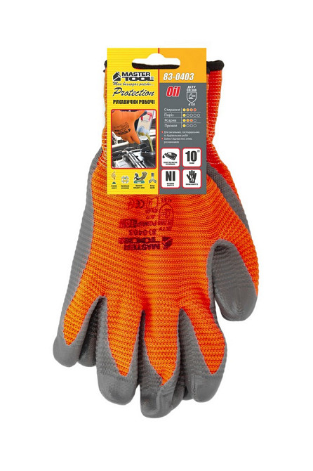 Перчатки трикотажные бесшовные ребристые MASTERTOOL нитриловое покрытие ладони 10" подвес оранжево-с Харьков - изображение 2