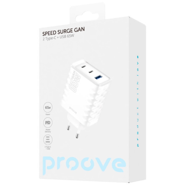 Мережевий зарядний пристрій Proove Speed Surge Gan 65W (USB + 2 Type-C) White (WCSS60120002) (Код то Харків - зображення 2