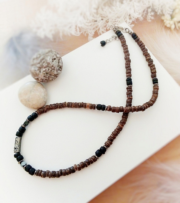 Намисто чокер кольє кокос гематит вулканіт дерев'яний коричневий чорний сталевий Луцк - изображение 2