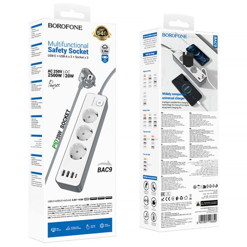 Удлинитель Borofone BAC9 Power PD20W (3USB-A/1C/3xSocket) (2m) Херсон - зображення 6