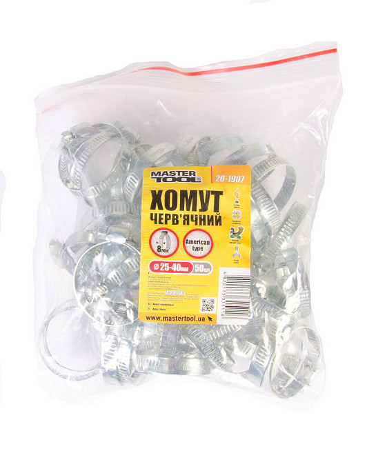Хомут червячный MASTERTOOL American type W1 8.0 мм Ø 25-40 мм 50 шт 20-1907 Харків - зображення 2