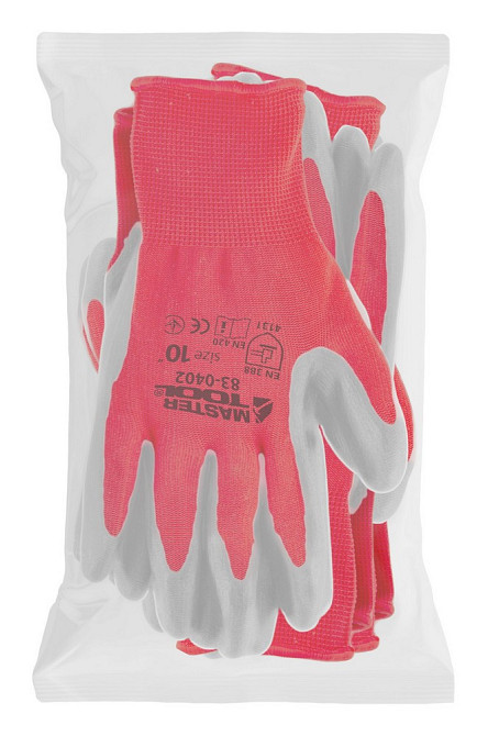 Перчатки трикотажные бесшовные MASTERTOOL нитриловое покрытие ладони 10" 12 пар красно-серые 83-0402 Харьков - изображение 2