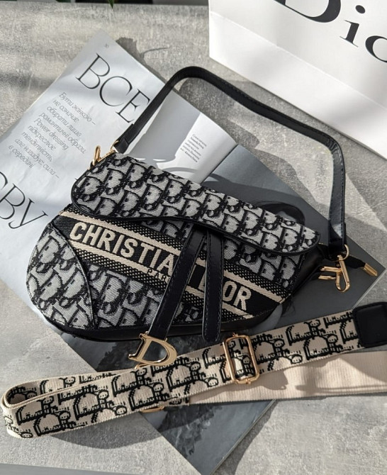 сумка кросс-боди с широким ремнем Christian Dior Saddle сіра з чорним AN89 Киев - изображение 3