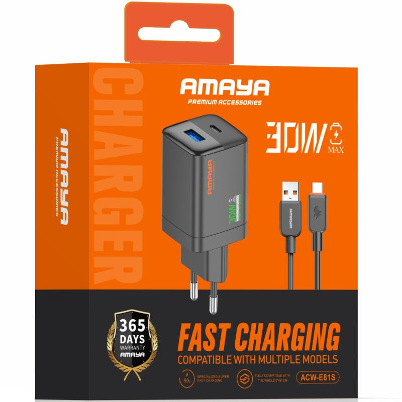 СЗУ Amaya E81S PD30W+QC3.0 (1USB-A/1C) + кабель USB to Type-C Херсон - изображение 2