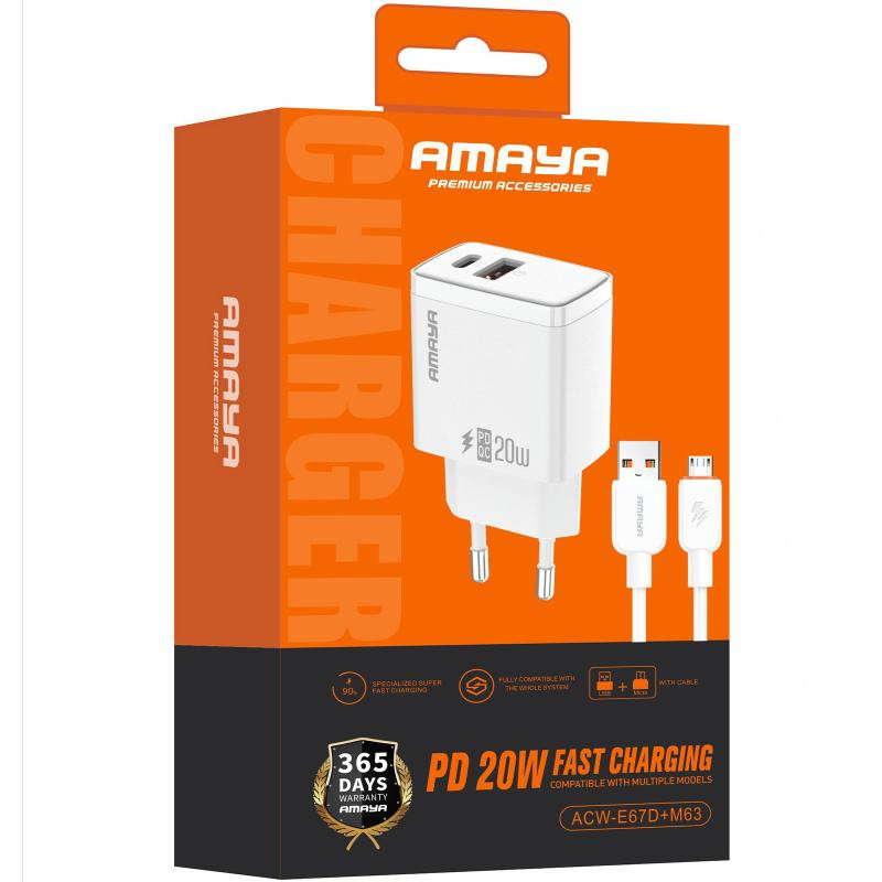 СЗУ Amaya E67D PD20W+QC3.0 (1USB-A/1C) + кабель USB to MicroUSB Херсон - зображення 2
