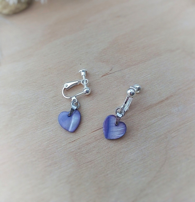 Кліпси перламутр натуральний серце фіолетовий бузковий лавандовий на вуха без проколів регулюються Луцк - изображение 2