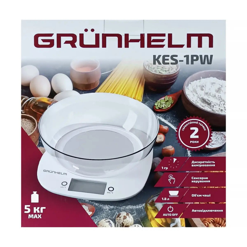 Весы кухонные с чашей Grunhelm KES-1PW 5 кг белые Київ - зображення 6