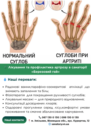 🩺 Лікування та профілактика артрозу в санаторії «Березовий гай» (м. Хмільник) Вінниця