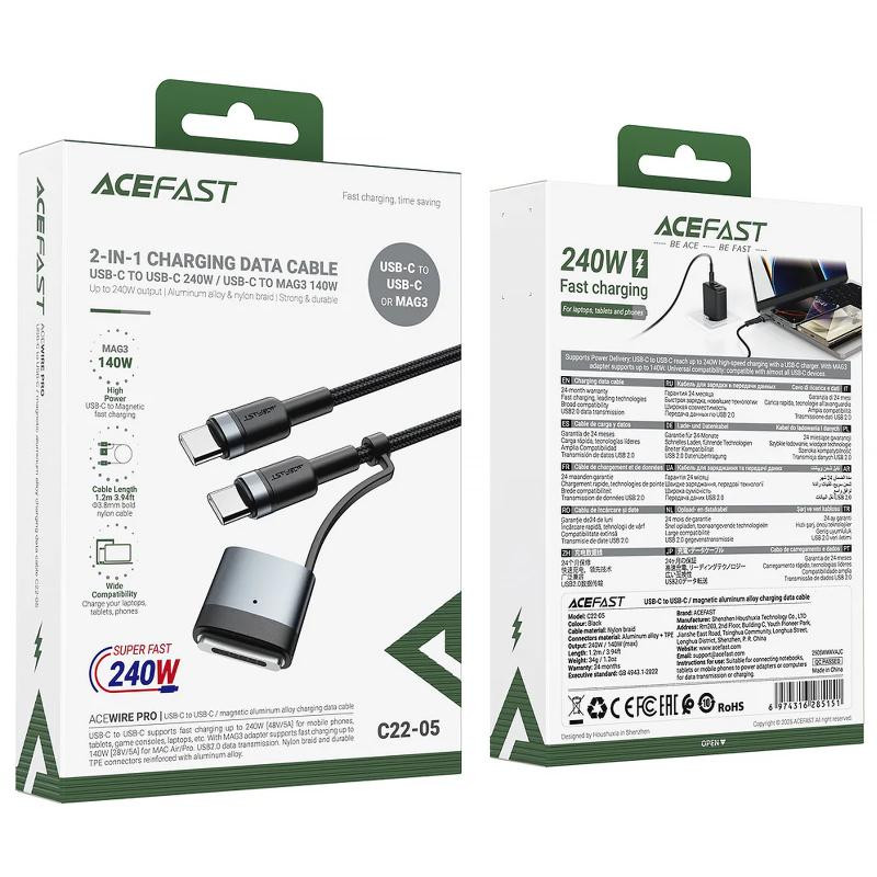 Дата кабель Acefast C22-05 2in1 Type-C to Type-C 240W/MAG3 140W (1.2m) Херсон - зображення 4
