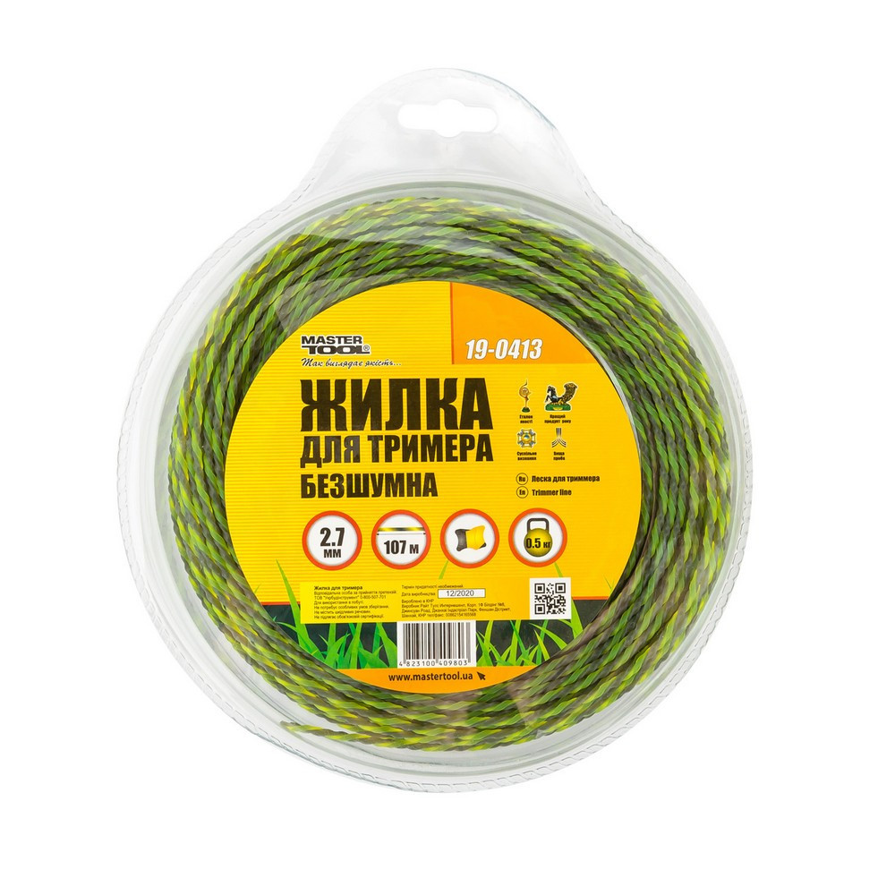 Леска для триммера бесшумная MASTERTOOL SPIRAL SQUARE 2.70 мм 107 м (блистер) двухцветная 19-0413 Харків - зображення 2