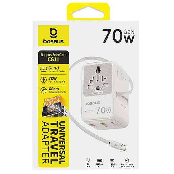 Сетевой универсальный переходник Baseus CG11 70W with retractable cable (2USB-A/3C/1Socket) (E0307E) Херсон