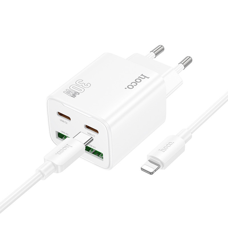 СЗУ Hoco N56 Fundador PD30W+QC3.0 (2USB-A/2C) + кабель Type-C to Lightning Херсон - зображення 2