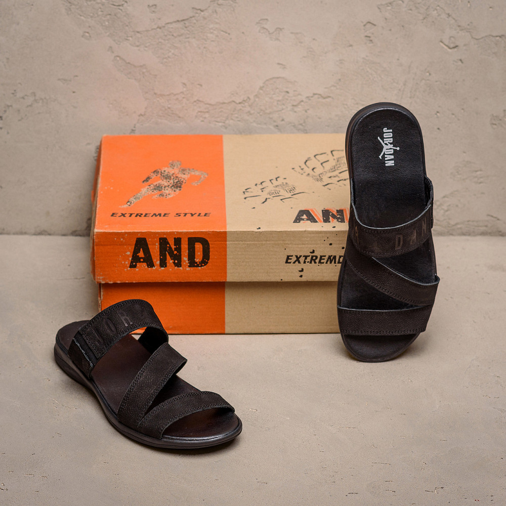 Мужские кожаные  летние шлепанцы-сланцы Jordan Black Київ - зображення 12