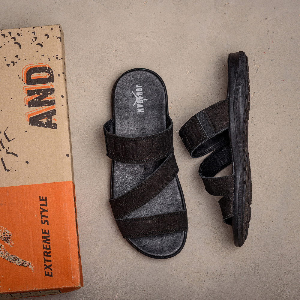 Мужские кожаные  летние шлепанцы-сланцы Jordan Black Київ - зображення 11