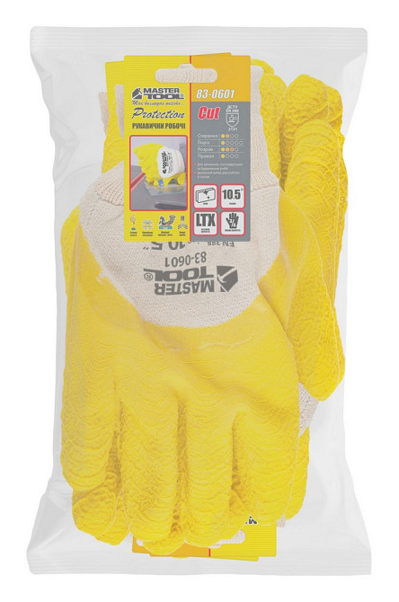 Перчатки хлопчатобумажные MASTERTOOL латексное ребристое покрытие ¾ 10.5" 12 пар желтые 83-0601doz Харьков - изображение 2
