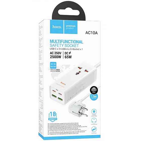 Удлинитель Hoco AC10A Talent PD65W+QC3.0 (2USB-A/2C/1xSocket) (1.5m) Херсон