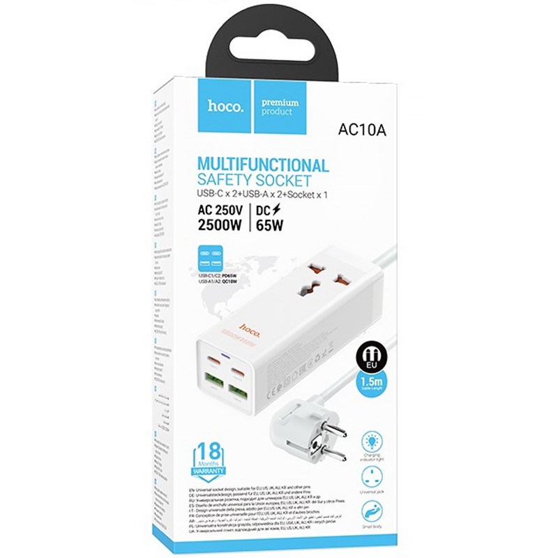 Удлинитель Hoco AC10A Talent PD65W+QC3.0 (2USB-A/2C/1xSocket) (1.5m) Херсон - зображення 5