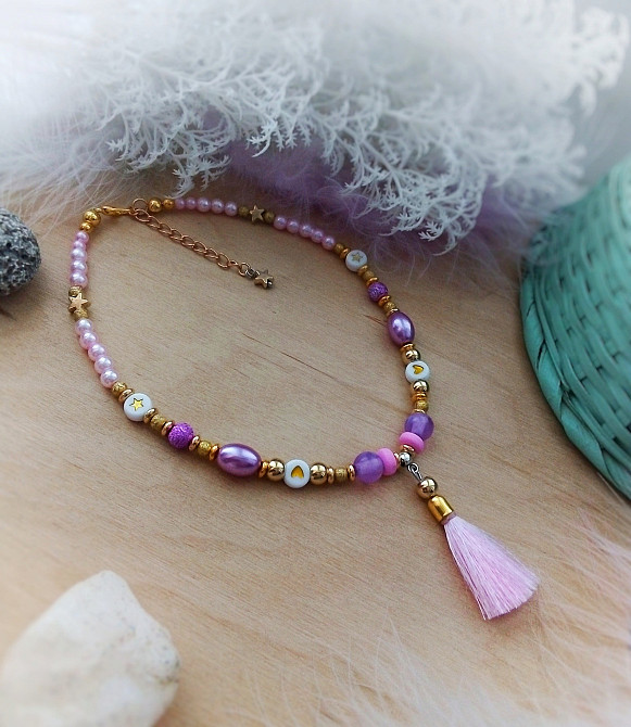 Рожеві мрії чокер намисто для дівчинки літня прикраса китиці рожевий білий золотистий Луцк - изображение 3