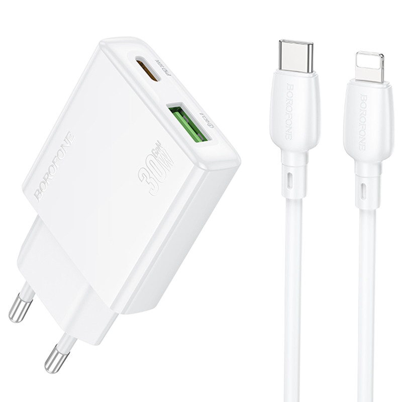 СЗУ Borofone BN25 Wish PD30W+QC3.0 (1USB-A/1C) + кабель Type-C to Lightning Херсон - зображення 1
