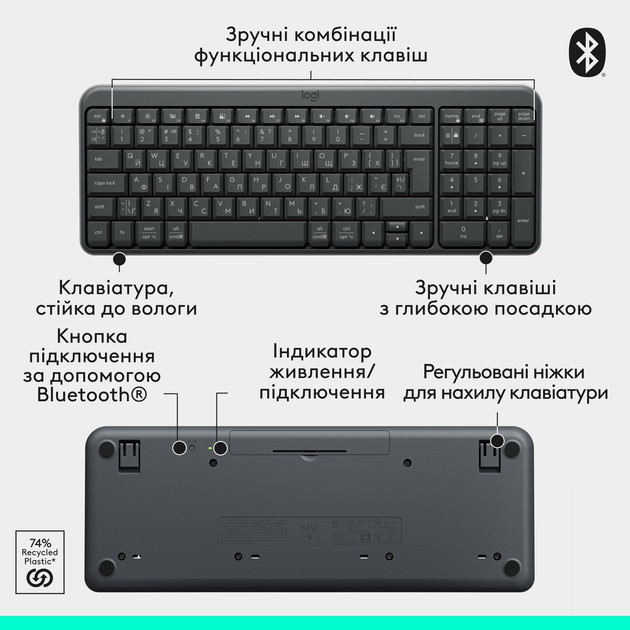 Клавиатура компьютерная безпроводная Logitech K250 Wireless Keyboard Graphite L920-013822 графитовая Київ - зображення 7